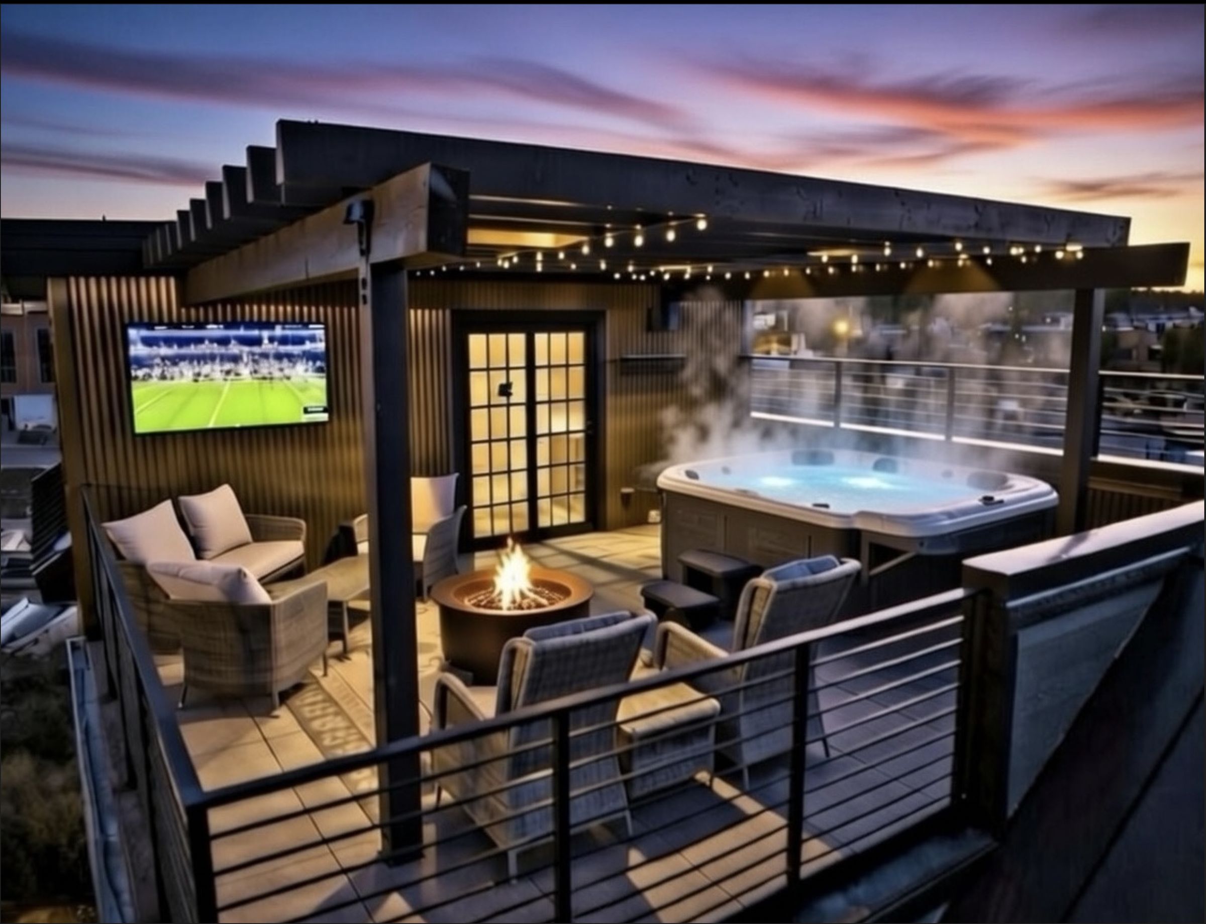 Rooftop deck — hot tub, fire pit & TV at sunset